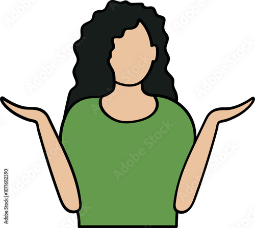 Confused Woman with Curly Hair, Green Shirt Vector Illustration