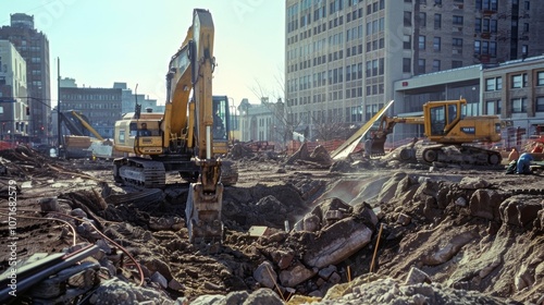 An excavator digs deep into the ground laying the foundation for a new skyser in this rapidly growing city. photo