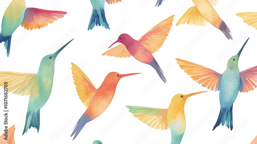 Obraz premium Colorful Hummingbirds in Motion on White Background