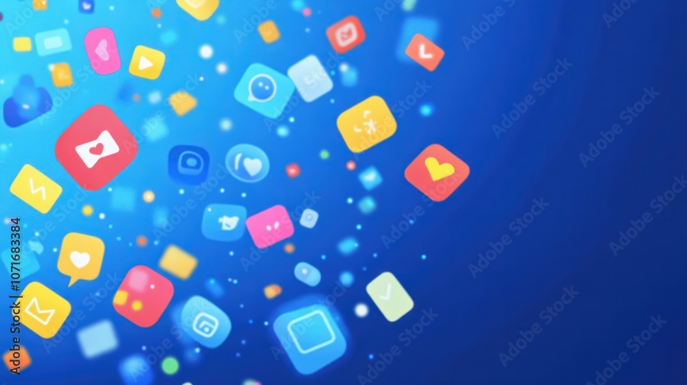 Fototapeta premium Abstract blue background with icons for friends, messages, and notifications, representing social platforms