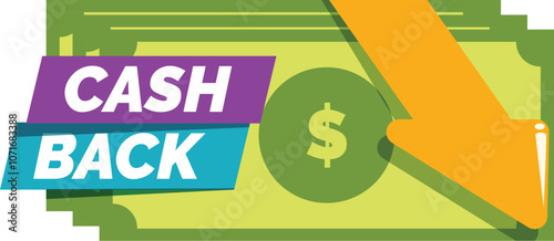Cashback money refunding concept with falling arrow and dollar sign on banknote