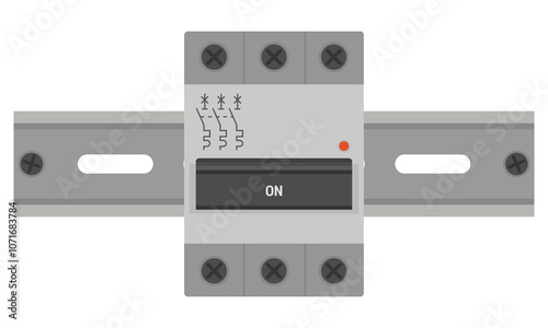Miniature circuit breaker mounted on a DIN rail. Three pole MCB device for the protection of circuits against overload and short circuit