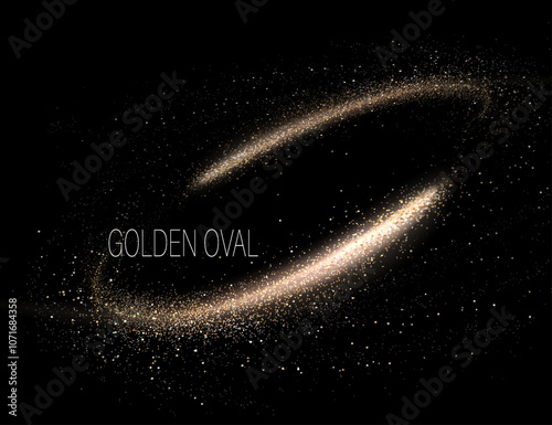 Isolated design element, golden oval frame with sparkling tinsel on black background.