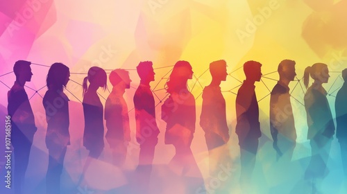 Silhouettes of people with connecting lines, representing a social network on a soft gradient background