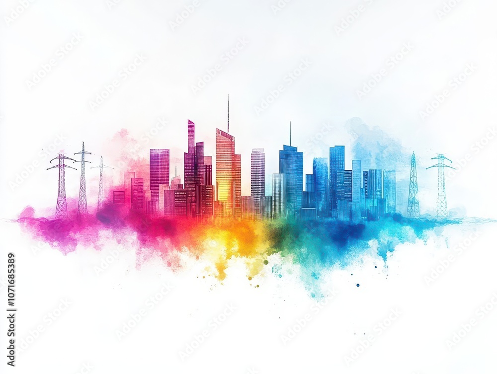 Fototapeta premium Electric cityscape powered by clean energy, vibrant watercolor blending modern tech with eco tones