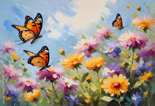 Colorful butterflies flutter gracefully above a vibrant array of wildflowers, creating a lively and cheerful atmosphere in a sunlit meadow. Generative AI