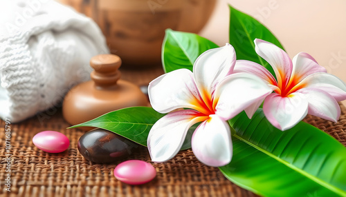 Thai Spa. Massage spa treatment aroma for healthy wellness and relax. Spa Plumeria flower for body therapy. Lifestyle Healthy Concept highlighted by white, png