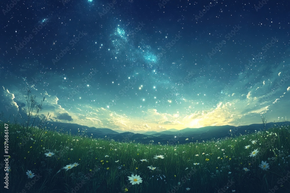 A vast field of daisies under a night sky full of stars. A vast field of daisies under a night sky full of stars.