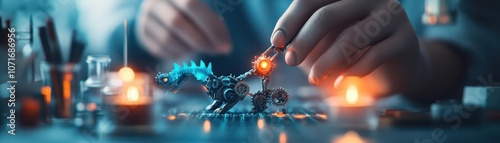 Engineer finetuning gears on small mechanical dragon, fantasy elements, warm glowing eyes, medievalinspired lab, cozy candlelight, centered photo