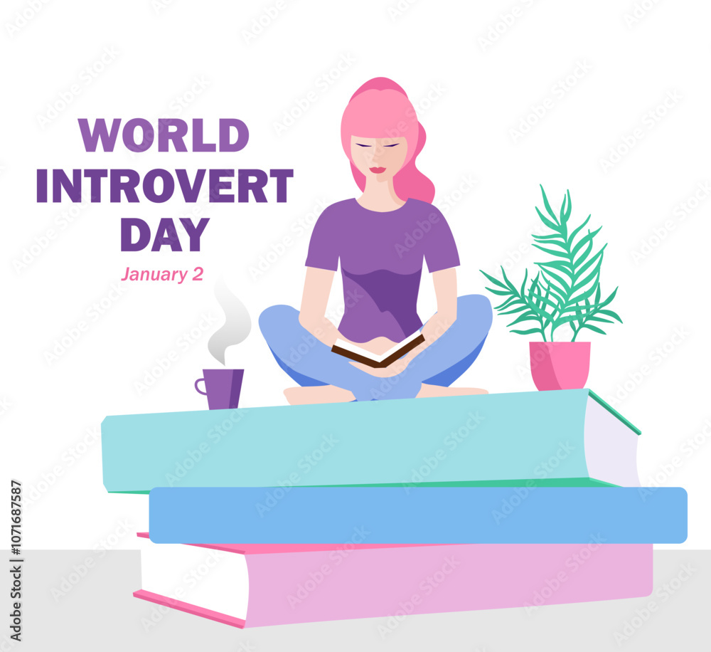 Obraz premium World Introvert Day. January 2. The girl sits on the windowsill, drinks tea and enjoys solitude. Template for background, banner, card, poster