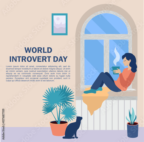 World Introvert Day. January 2. The girl sits on the windowsill, drinks tea and enjoys solitude. Template for background, banner, card, poster