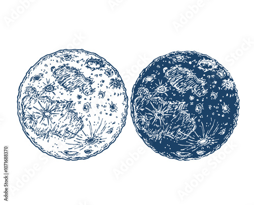 Hand drawn sketch of moon planet in monochrome isolated on white background. Moon logo design. Full moon. Style illustration for posters, decoration and print. Detailed vintage woodcut style drawing