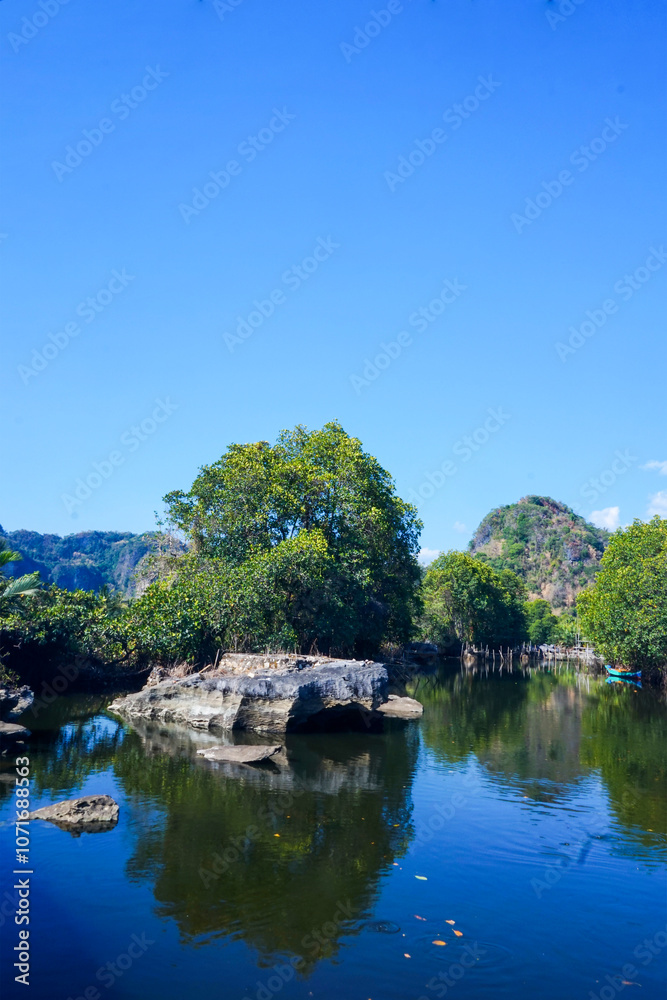 Fototapeta premium Maros Rammang-Rammang, panoramic views of clear rivers and shell rocks overlooking trees and mountains