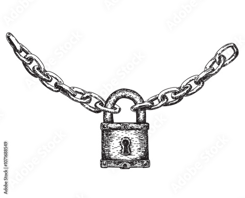 Steel chain and brass padlock. Chain lock closed. Hand drawn sketch of safety and security symbol. Retro style