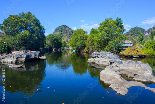 Maros Rammang-Rammang, panoramic views of clear rivers and shell rocks overlooking trees and mountains photo