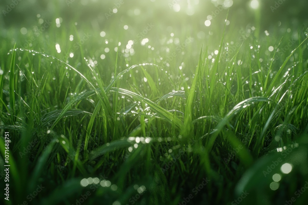 Fototapeta premium Dewy Grass in Sunlight with Soft Bokeh Effect