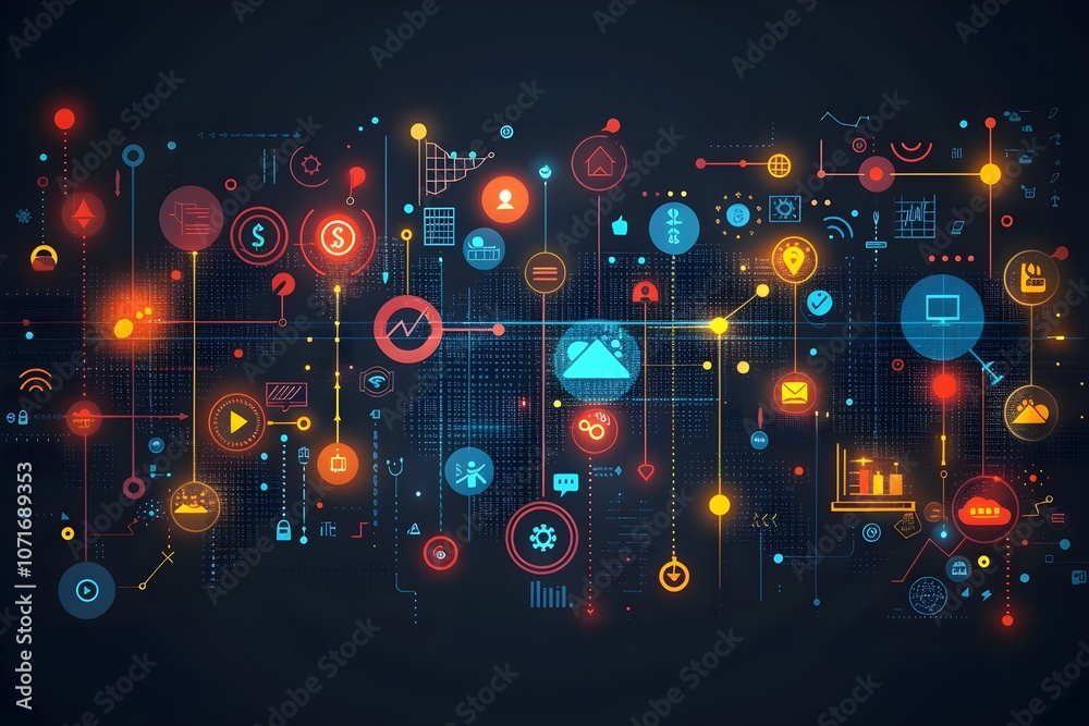 Obraz premium illustration of visually dynamic and modern representation of marketing strategies, featuring vibrant charts, graphs, and floating icons like magnifying glasses, dollar signs, and digital ads