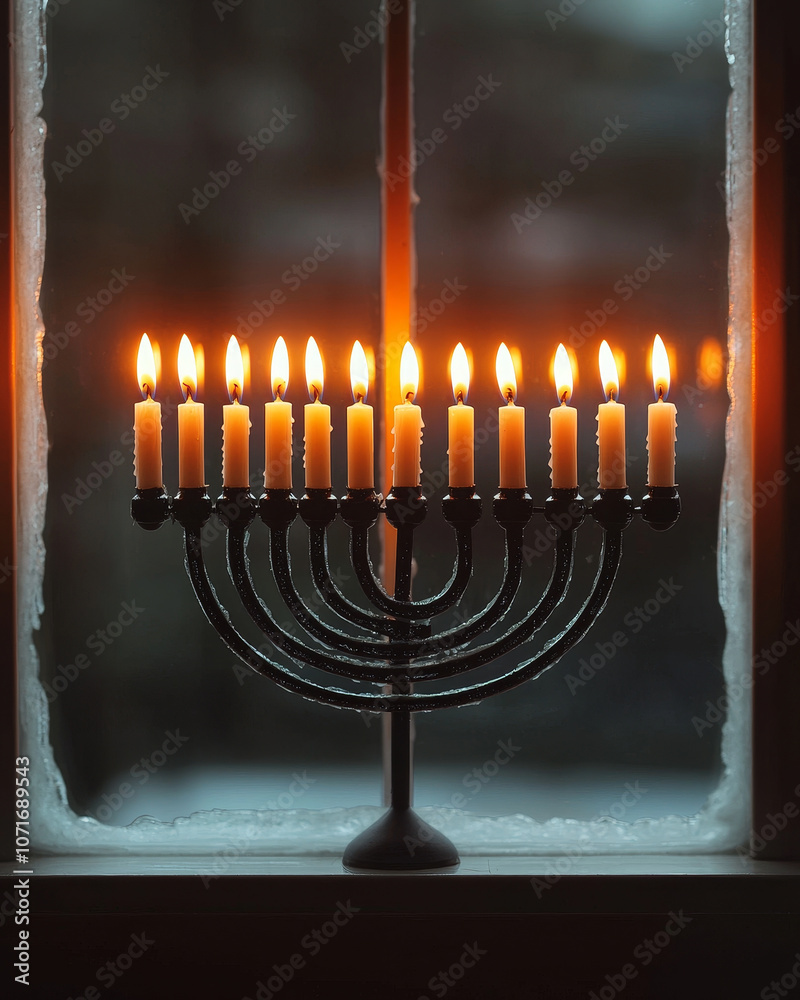 Fototapeta premium traditional menorah with lit candles sits on windowsill, casting warm glow in evening light, symbolizing hope and celebration