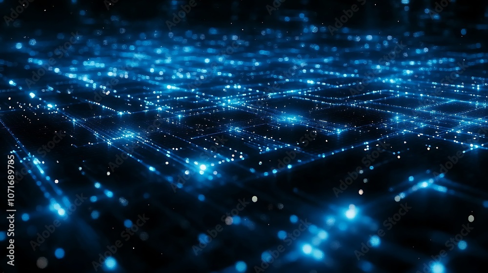 Abstract technology background with a blue grid and tiny illuminated nodes, representing a connected network Abstract technology background with a blue grid and tiny illuminated nodes, representing a connected network
