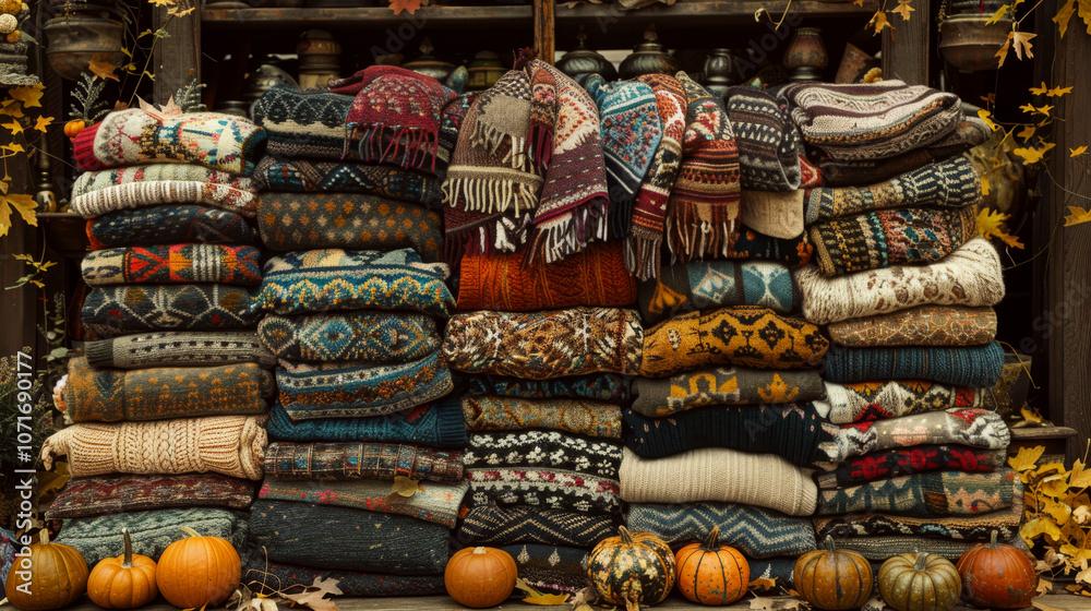Fototapeta premium Colorful knitted sweaters stacked in rows on a rustic shelf surrounded by pumpkins. Concept of cozy autumn and warmth. For seasonal advertising.