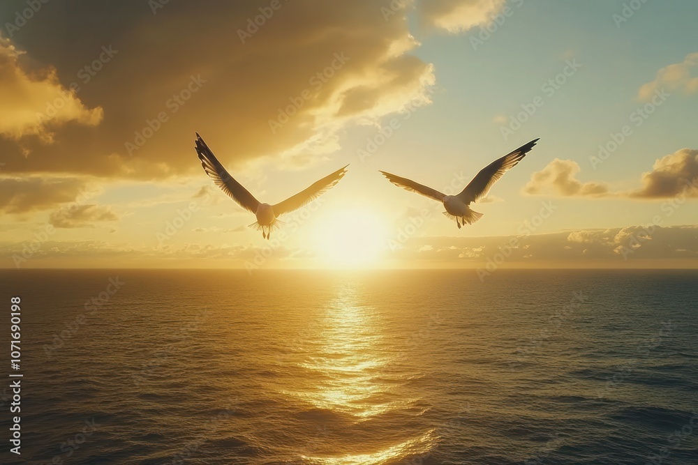Fototapeta premium Eagles Soaring Over Ocean at Sunset
