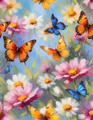 Colorful butterflies flutter gracefully above a vibrant array of wildflowers, creating a lively and cheerful atmosphere in a sunlit meadow. Generative AI