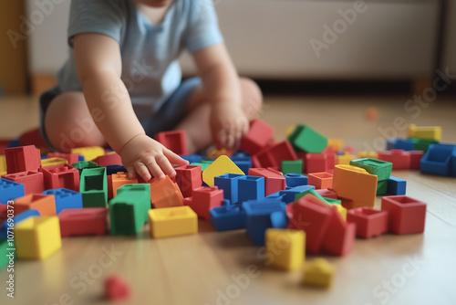 Kid playing with colorful blocks indoors, fostering creativity, development, and coordination. Generative AI