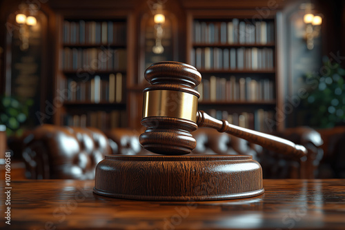 Judge gavel with blurred bookshelves and soft lighting. photo