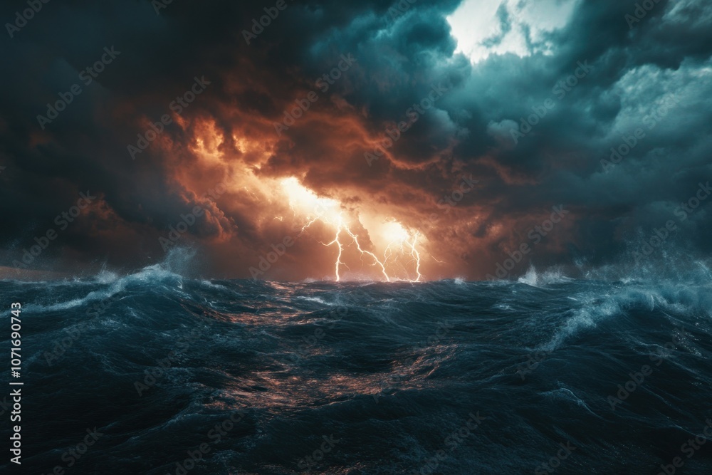 Fototapeta premium Dramatic Storm Over Choppy Sea with Lightning