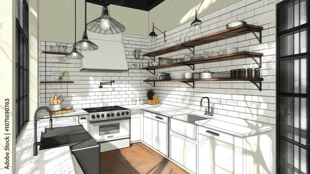 Contemporary kitchen with open shelving and stylish fixtures Contemporary kitchen with open shelving and stylish fixtures