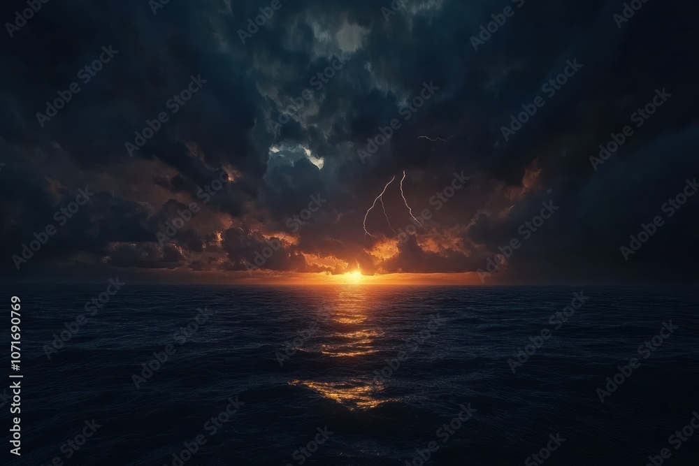 Obraz premium Dramatic Sunset with Lightning Over Ocean Waves
