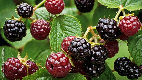 Blackberries with leaves isolated on white background. Generative AI