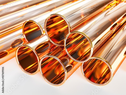 Shiny copper pipes isolated on white background, long and polished with bright reflections photo