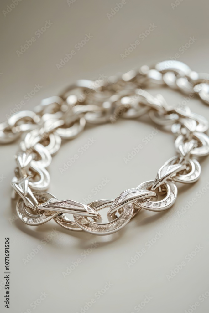 Fototapeta premium Silver chain bracelet lying on white background, intricate design with delicate links