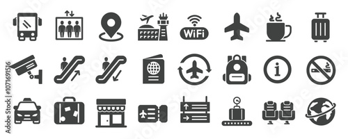 Public navigation glyph solid icons collection. Containing place, sign, airport, shop, transportation, public place etc icons. For website marketing design, logo, app, template, ui, etc. Vector illust