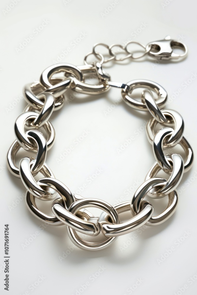 Fototapeta premium Silver chain bracelet lying on white background, intricate design with delicate links