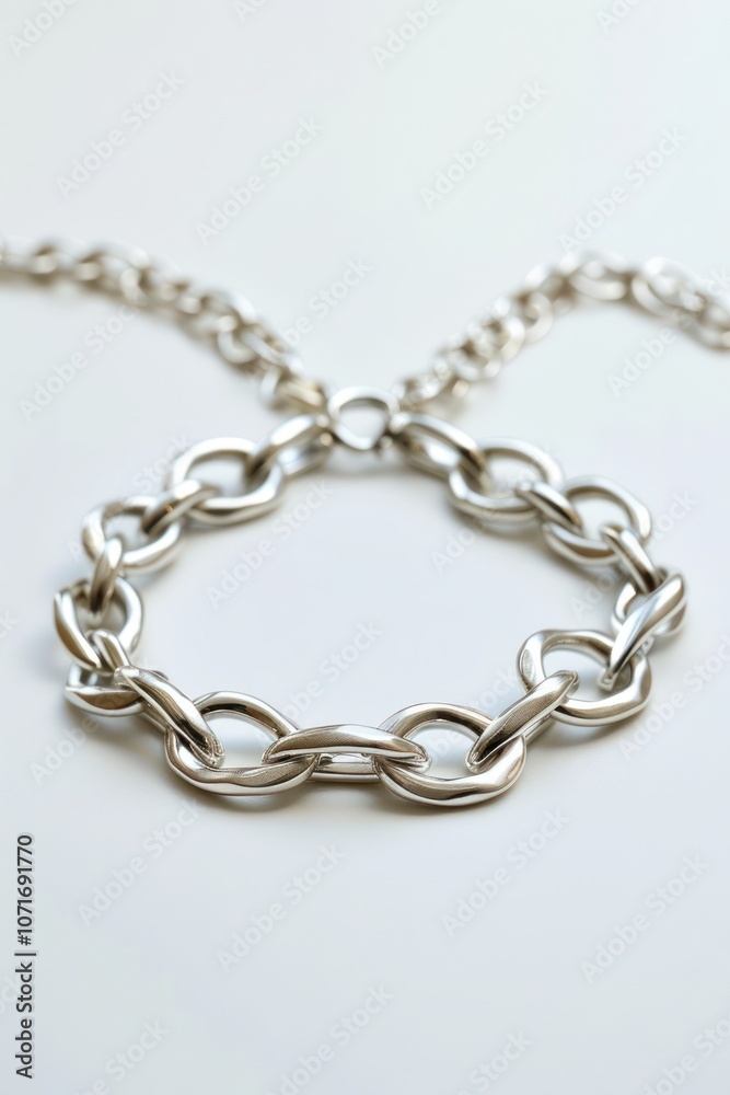 Fototapeta premium Silver chain bracelet lying on white background, intricate design with delicate links