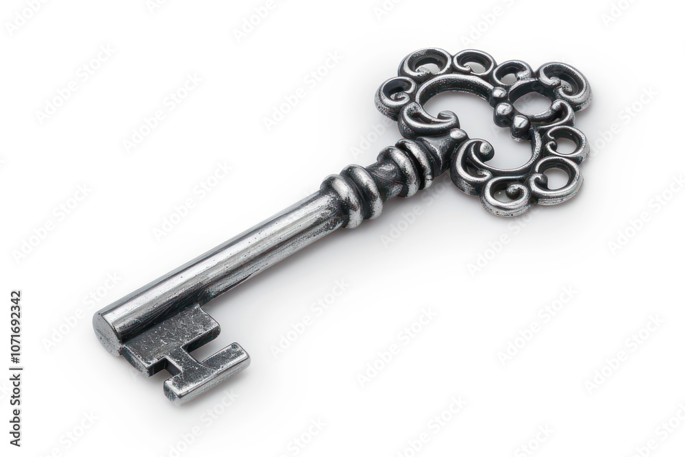 Silver key isolated on white background, detailed ridges and subtle reflections Silver key isolated on white background, detailed ridges and subtle reflections