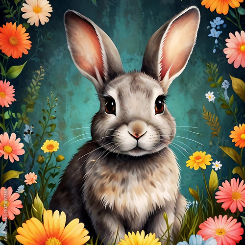 A cute little gray rabbit with big eyes and long ears, sitting on the ground surrounded by flowers in full bloom, depicted as an old-fashioned metal sign.