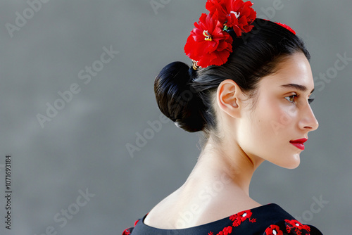 traditional spanish flamenco bun adorned with red carnations, intricate tortoise shell comb photo