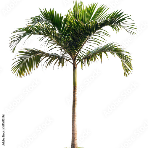 Lush tropical palm tree with vibrant green fronds and leaves thriving in an idyllic natural landscape setting  The towering palm stands tall photo