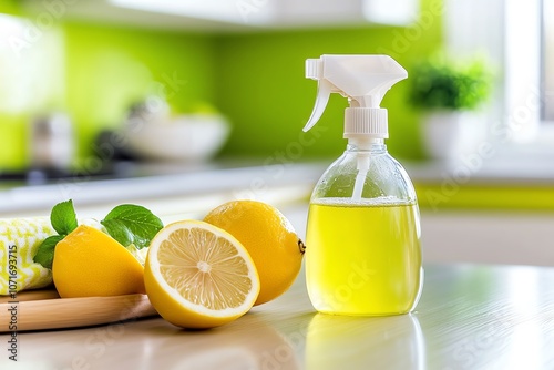 Bright kitchen scene featuring a lemon spray bottle and fresh lemons, ideal for cleaning or cooking tasks with a refreshing vibe. photo