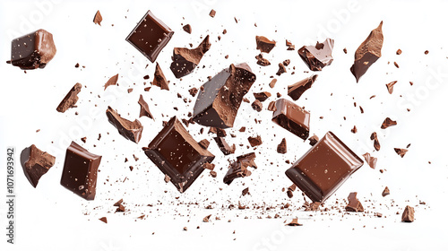 Composition of flying chocolate pieces isolated on transparent background. Cutout, PNG.