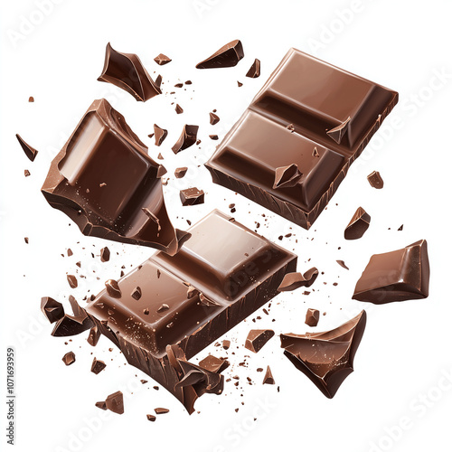 Composition of flying chocolate pieces isolated on transparent background. Cutout, PNG.