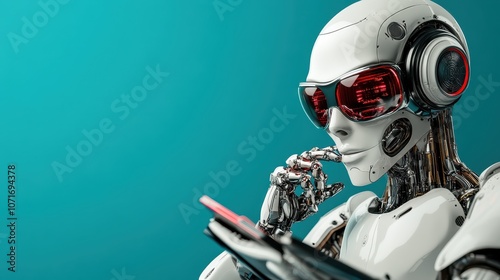 A robot featuring a red visor is engaged in contemplation, interacting with a touch-screen interface, illustrating topics of artificial intelligence and futuristic technology. photo