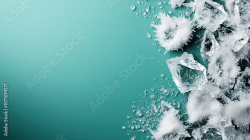 This image features abstractly arranged ice fragments on a turquoise backdrop, creating an artistic portrayal of cold, freshness, and modern elegance. photo