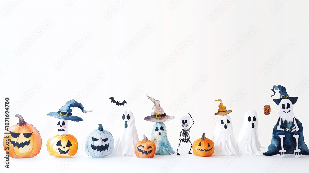 Fototapeta premium Aesthetic halloween watercolor mockup with pumpkins, ghosts, skeletons, pastel light colors and backdrop. Generative AI