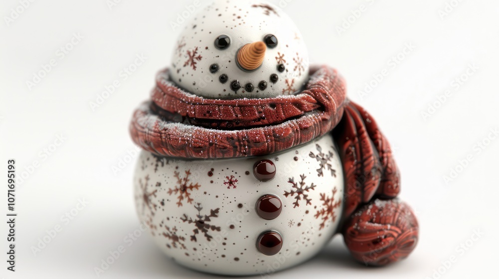 Fototapeta premium Snowman figurine with a red scarf, isolated on white