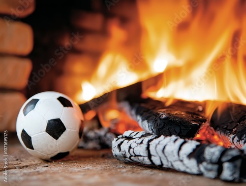 A soccer ball sitting in front of a fire