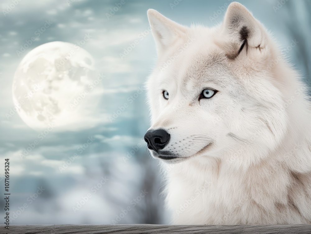 Obraz premium A white wolf with blue eyes looking at the moon